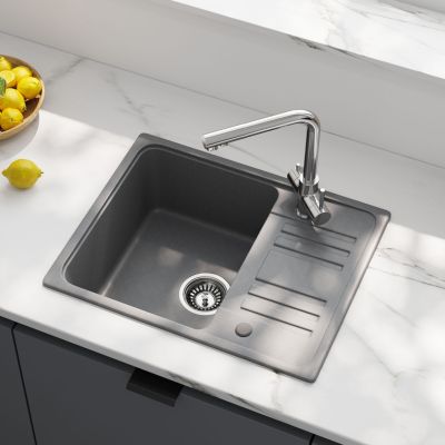 Evier Cuisine en Granit 57x45 cm Évier en quartz gris , 1 bac encastrable de, Lavabo 1 bac + Kit de Vidage - HOROW