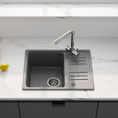 Evier Cuisine en Granit 57x45 cm Évier en quartz gris , 1 bac encastrable de, Lavabo 1 bac + Kit de Vidage - HOROW