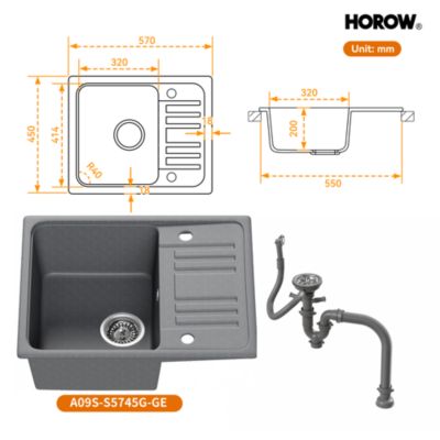 Evier Cuisine en Granit 57x45 cm Évier en quartz gris , 1 bac encastrable de, Lavabo 1 bac + Kit de Vidage - HOROW