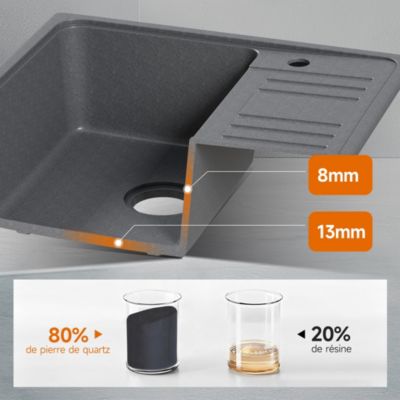 Evier Cuisine en Granit 57x45 cm Évier en quartz gris , 1 bac encastrable de, Lavabo 1 bac + Kit de Vidage - HOROW
