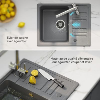Evier Cuisine en Granit 57x45 cm Évier en quartz gris , 1 bac encastrable de, Lavabo 1 bac + Kit de Vidage - HOROW