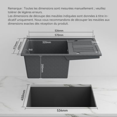 Evier Cuisine en Granit 57x45 cm Évier en quartz gris , 1 bac encastrable de, Lavabo 1 bac + Kit de Vidage - HOROW
