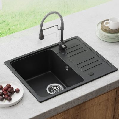 Evier Cuisine en Granit 57x45 cm Évier en quartz noir, 1 bac encastrable de, Lavabo 1 bac + Kit de Vidage - HOROW