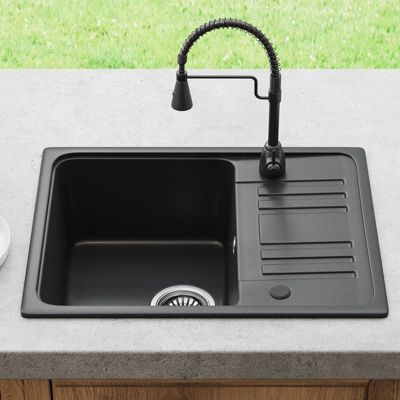 Evier Cuisine en Granit 57x45 cm Évier en quartz noir, 1 bac encastrable de, Lavabo 1 bac + Kit de Vidage - HOROW