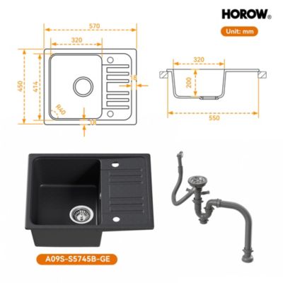 Evier Cuisine en Granit 57x45 cm Évier en quartz noir, 1 bac encastrable de, Lavabo 1 bac + Kit de Vidage - HOROW