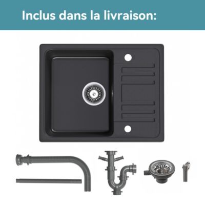 Evier Cuisine en Granit 57x45 cm Évier en quartz noir, 1 bac encastrable de, Lavabo 1 bac + Kit de Vidage - HOROW