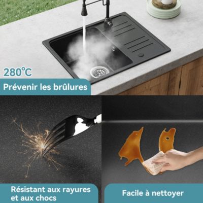 Evier Cuisine en Granit 57x45 cm Évier en quartz noir, 1 bac encastrable de, Lavabo 1 bac + Kit de Vidage - HOROW