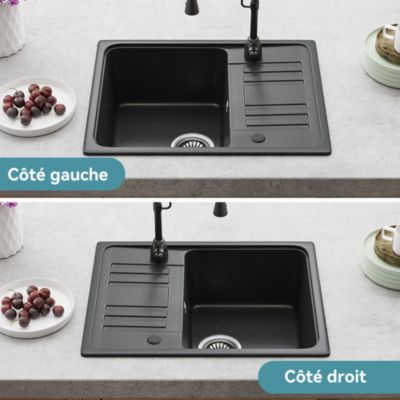 Evier Cuisine en Granit 57x45 cm Évier en quartz noir, 1 bac encastrable de, Lavabo 1 bac + Kit de Vidage - HOROW