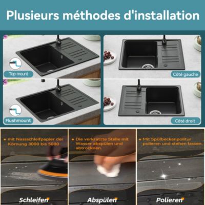 Evier Cuisine en Granit 57x45 cm Évier en quartz noir, 1 bac encastrable de, Lavabo 1 bac + Kit de Vidage - HOROW