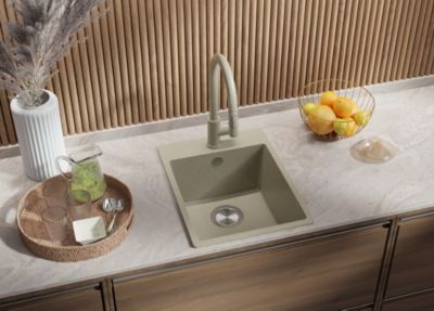 Evier Cuisine en Granit Beige 38x50cm, Lavabo 1 bac + Kit de Vidage, Evier a Encastrer au meuble 40cm, Riga de Primagran