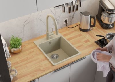 Evier Cuisine en Granit Beige 38x50cm, Lavabo 1 bac + Kit de Vidage, Evier a Encastrer au meuble 40cm, Riga de Primagran