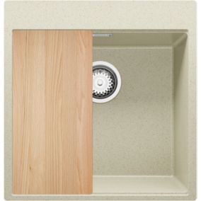 Evier Cuisine en Granit Beige 48x50cm, Lavabo 1 bac + Kit de Vidage, Evier a Encastrer au meuble 50cm, Oslo Top de Primagran