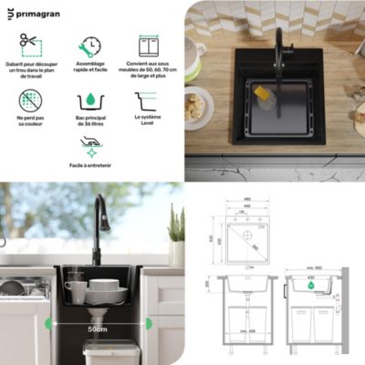 Evier Cuisine en Granit Beige, 90 x 50 cm, Évier 1 bac XL + Kit de