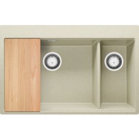 Evier Cuisine en Granit Beige 78x50cm, 1,5 bacs + Kit de Vidage + Accessoires, evier au meuble 80cm - Oslo Top Duo de Primagran