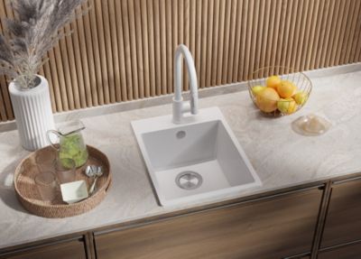 Evier Cuisine en Granit Blanc 38x50cm, Lavabo 1 bac + Kit de Vidage, Evier a Encastrer au meuble 40cm, Riga de Primagran