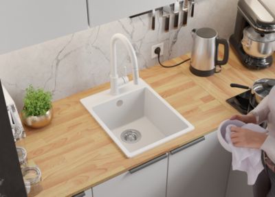 Evier Cuisine en Granit Blanc 38x50cm, Lavabo 1 bac + Kit de Vidage, Evier a Encastrer au meuble 40cm, Riga de Primagran