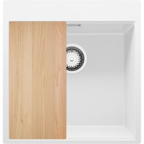 Evier Cuisine en Granit Blanc 48x50cm, Lavabo 1 bac + Kit de Vidage, Evier a Encastrer au meuble 50cm, Oslo Top de Primagran