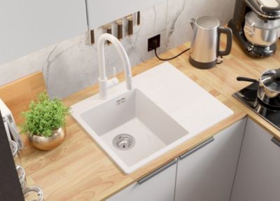 Evier Cuisine en Granit Blanc 62x50cm, Lavabo 1 bac + Kit de Vidage, Evier a Encastrer au meuble 40cm, Sydney de Primagran