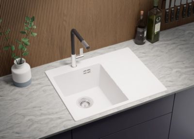 Evier Cuisine en Granit Blanc 62x50cm, Lavabo 1 bac + Kit de Vidage, Evier a Encastrer au meuble 40cm, Sydney de Primagran