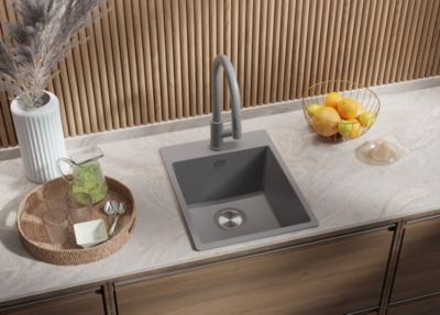 Evier Cuisine en Granit Gris 38x50cm, Lavabo 1 bac + Kit de Vidage, Evier a Encastrer au meuble 40cm, Riga de Primagran