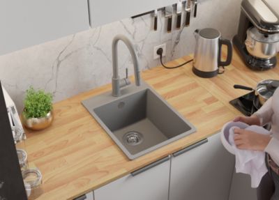 Evier Cuisine en Granit Gris 38x50cm, Lavabo 1 bac + Kit de Vidage, Evier a Encastrer au meuble 40cm, Riga de Primagran