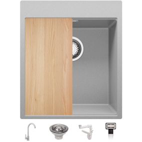 Evier Cuisine en Granit Gris 43x50cm + Kit de Vidage + Robinet + Accessoires, Evier au meuble 45cm  Oslo Top de Primagran