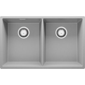 Evier Cuisine en Granit Gris 76x47cm, 2 bacs + Kit de Vidage, Evier a Encastrer au meuble 80cm, London Slim Twin de Primagran