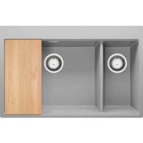 Evier Cuisine en Granit Gris 78x50cm, 1,5 bacs + Kit de Vidage + Accessoires, evier au meuble 80cm - Oslo Top Duo de Primagran