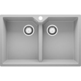 Evier Cuisine en Granit Gris 78x50cm, 2 bacs + Kit de Vidage, Evier a Encastrer au meuble 80cm, Madrid Twin de Primagran