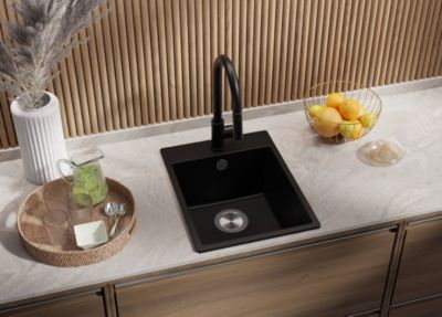 Evier Cuisine en Granit Noir 38x50cm, Lavabo 1 bac + Kit de Vidage, Evier a Encastrer au meuble 40cm, Riga de Primagran