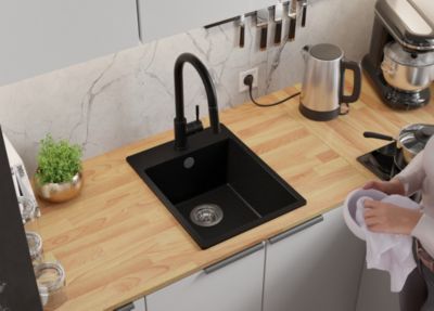 Evier Cuisine en Granit Noir 38x50cm, Lavabo 1 bac + Kit de Vidage, Evier a Encastrer au meuble 40cm, Riga de Primagran