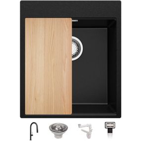 Evier Cuisine en Granit Noir 43x50cm + Kit de Vidage + Robinet + Accessoires, Evier au meuble 45cm  Oslo Top de Primagran