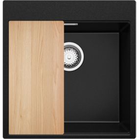 Evier Cuisine en Granit Noir 48x50cm, Lavabo 1 bac + Kit de Vidage, Evier a Encastrer au meuble 50cm, Oslo Top de Primagran