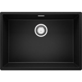 Evier Cuisine en Granit Noir 66x47cm, 1 bac + Kit de Vidage, Evier a Encastrer au meuble 70cm, London Slim de Primagran