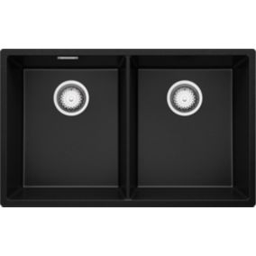 Evier Cuisine en Granit Noir 76x47cm, 2 bacs + Kit de Vidage, Evier a Encastrer au meuble 80cm, London Slim Twin de Primagran