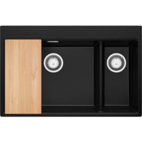 Evier Cuisine en Granit Noir 78x50cm, 1,5 bacs + Kit de Vidage + Accessoires, evier au meuble 80cm - Oslo Top Duo de Primagran