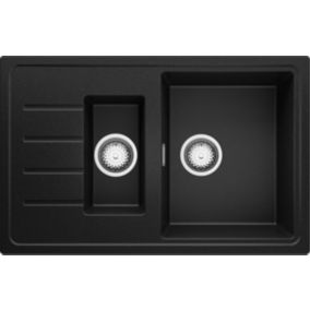 Evier Cuisine en Granit Noir 78x50cm, 1,5 bacs + Kit de Vidage, Evier a Encastrer au meuble 60cm, Copenhague Duo de Primagran