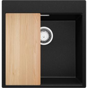 Evier Cuisine en Granit Noir Metallic 48x50cm, 1 bac + Kit de Vidage, Evier a Encastrer au meuble 50cm, Oslo Top de Primagran