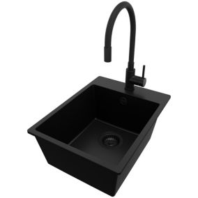 Evier Cuisine en Granit Tout Noir 38x50cm, 1 bac + Kit de Vidage + Robinet, Évier au meuble 40cm - Riga de Primagran