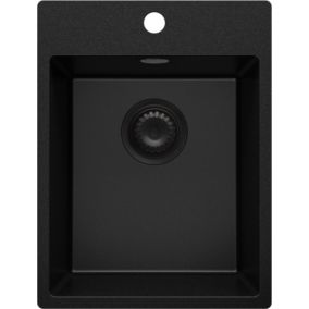 Evier Cuisine en Granit Tout Noir 38x50cm, Lavabo 1 bac + Kit de Vidage, Evier a Encastrer au meuble 40cm, Riga de Primagran