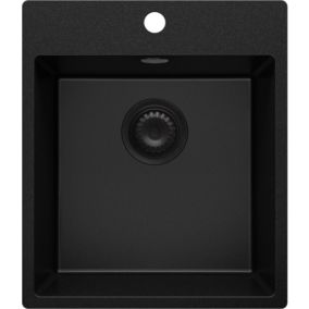 Evier Cuisine en Granit Tout Noir 43x50cm, Lavabo 1 bac + Kit de Vidage, Evier a Encastrer au meuble 45cm, Riga de Primagran