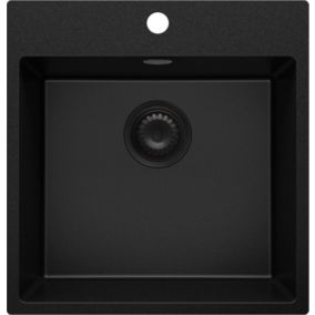 Evier Cuisine en Granit Tout Noir 48x50cm, Lavabo 1 bac + Kit de Vidage, Evier a Encastrer au meuble 50cm, Riga de Primagran