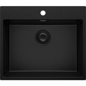 Evier Cuisine en Granit Tout Noir 58x50cm, Lavabo 1 bac + Kit de Vidage, Evier a Encastrer au meuble 60cm, Riga de Primagran