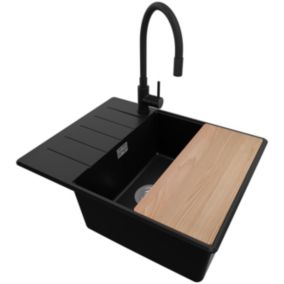 Evier Cuisine en Granit Tout Noir 62x50cm, 1 bac + Kit de Vidage, Evier a Encastrer au meuble 50cm, Copenhague de Primagran