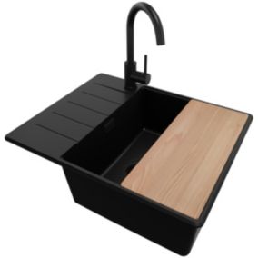 Evier Cuisine en Granit Tout Noir 62x50cm, 1 bac + Kit de Vidage, Evier a Encastrer au meuble 50cm, Copenhague de Primagran