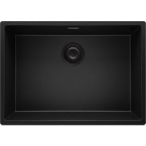 Evier Cuisine en Granit Tout Noir 66x47cm, 1 bac + Kit de Vidage, Evier a Encastrer au meuble 70cm, London Slim de Primagran