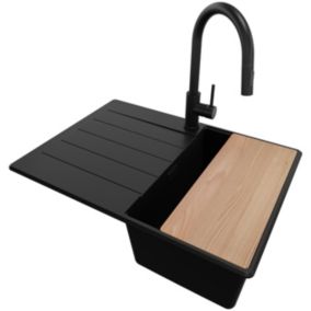 Evier Cuisine en Granit Tout Noir 70x50cm, 1 bac + Kit de Vidage + Robinet + Accessoires, Évier au meuble 40cm - Top de Primagran