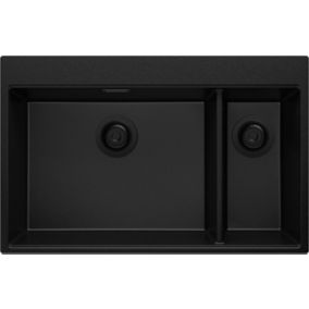 Evier Cuisine en Granit Tout Noir 78x50cm, 1,5 bacs + Kit de Vidage, evier au meuble 80cm - Oslo Top Duo de Primagran