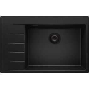 Evier Cuisine en Granit Tout Noir 78x50cm, 1 bac + Kit de Vidage, Evier a Encastrer au meuble 60cm, Sydney de Primagran