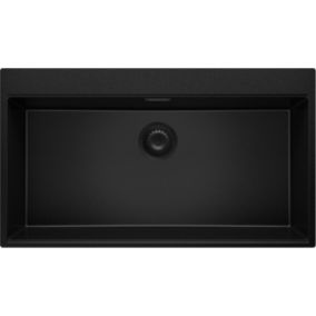 Evier Cuisine en Granit Tout Noir 88x50cm, 1 bac + Kit de Vidage, Evier a Encastrer au meuble 90cm, Oslo Top de Primagran